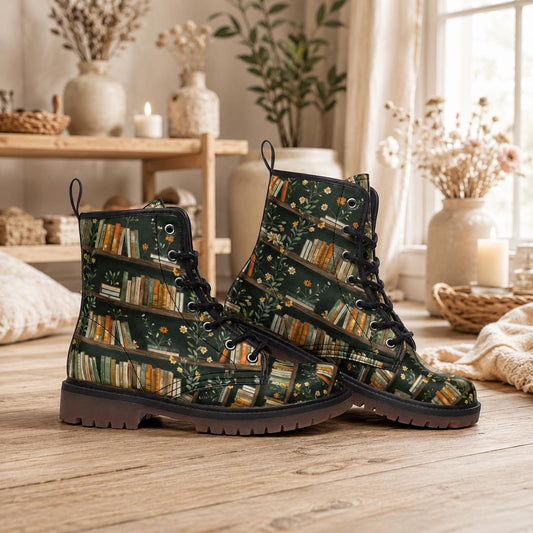 Dark Academia Boots Bookshelf Floral Print Book Lover Lace Up Shoes