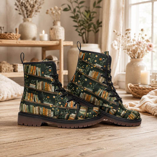 Dark Academia Boots Bookshelf Floral Print Book Lover Lace Up Shoes