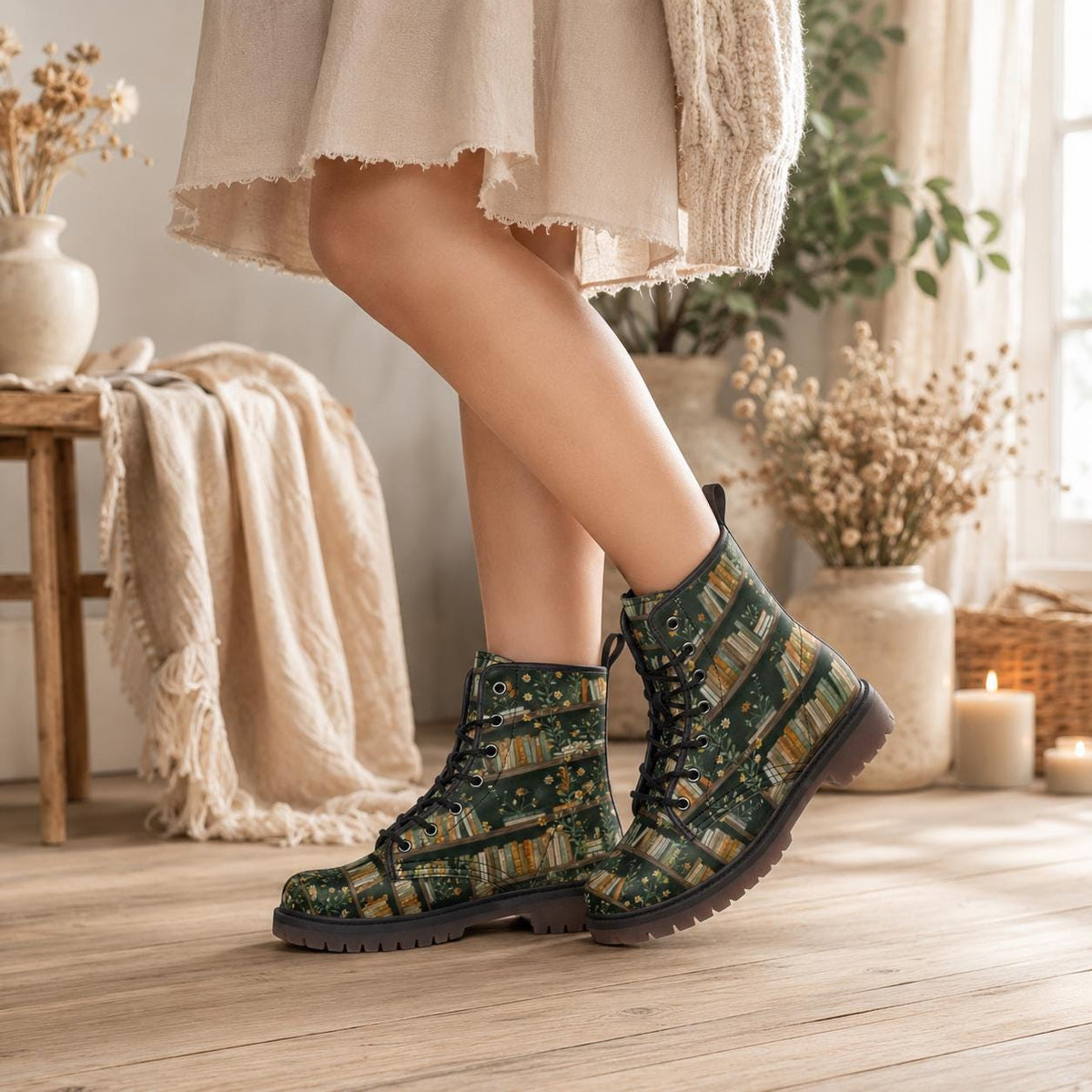 Dark Academia Boots Bookshelf Floral Print Book Lover Lace Up Shoes