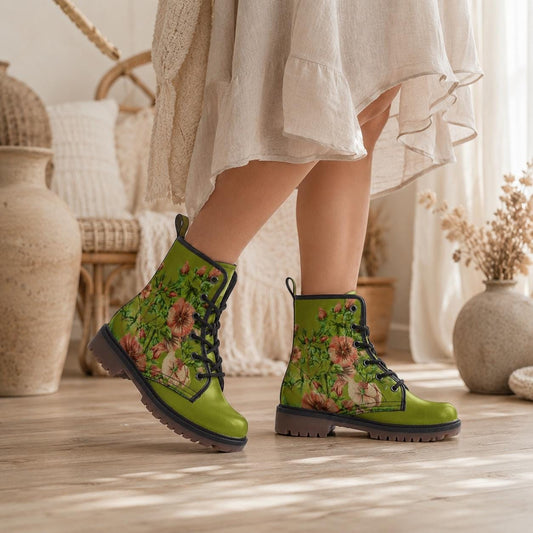Green Floral Combat Boots Cottagecore Botanical Lace Up Punk Shoes Nature Festival Footwear