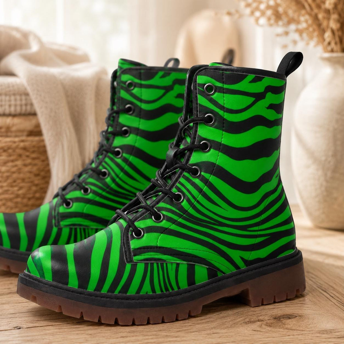 Neon Green Zebra Vegan Leather Boots – Edgy Festival Fashion