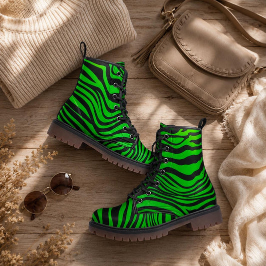Neon Green Zebra Vegan Leather Boots – Edgy Festival Fashion