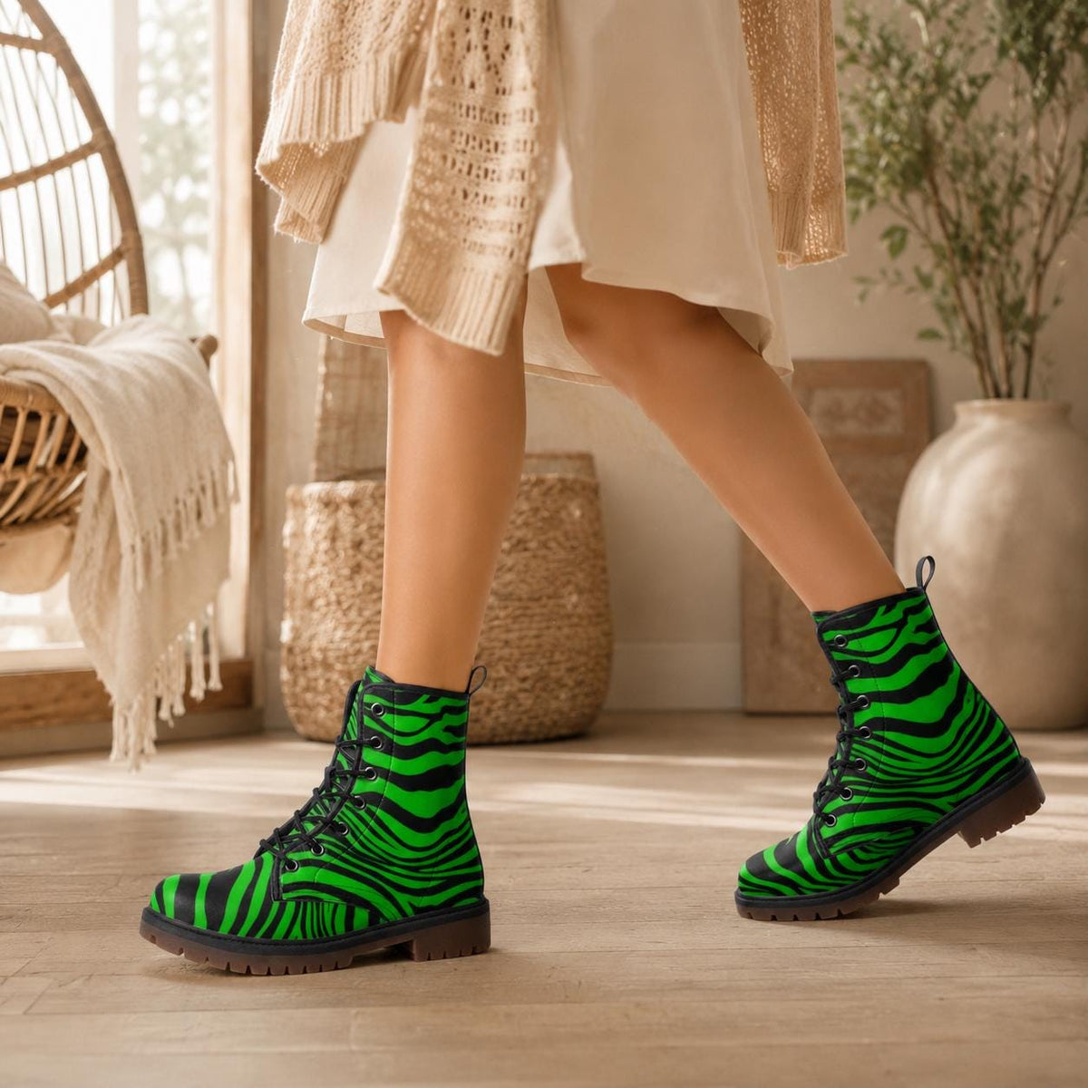 Neon Green Zebra Vegan Leather Boots – Edgy Festival Fashion