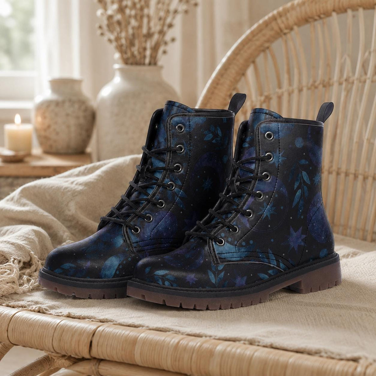 Moon Forest Vegan Leather Combat Boots, Witchy Festival Boots