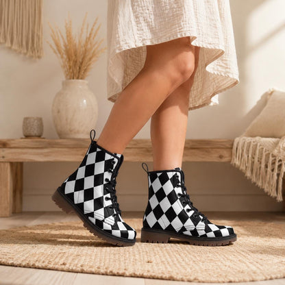 Checkered Vegan Leather Combat Boots, Alice Style