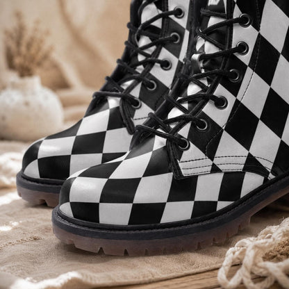 Checkered Vegan Leather Combat Boots, Alice Style