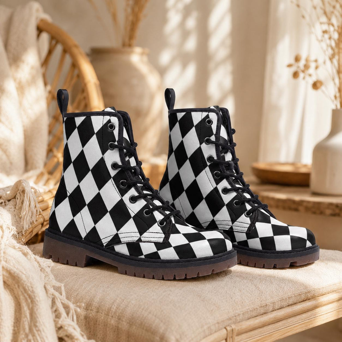 Checkered Vegan Leather Combat Boots, Alice Style