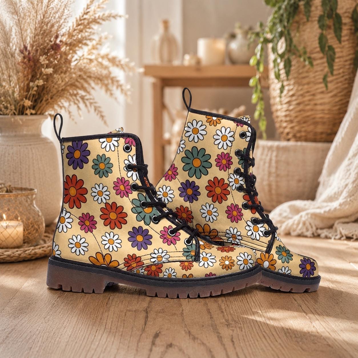 Retro Floral Combat Boots, Groovy Daisy Lace Up Boots, 70s Flower Power Shoes