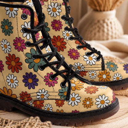 Retro Floral Combat Boots, Groovy Daisy Lace Up Boots, 70s Flower Power Shoes