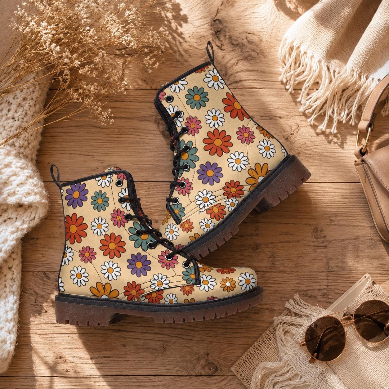 Retro Floral Combat Boots, Groovy Daisy Lace Up Boots, 70s Flower Power Shoes