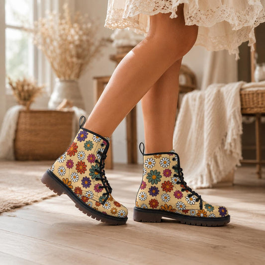 Retro Floral Combat Boots, Groovy Daisy Lace Up Boots, 70s Flower Power Shoes