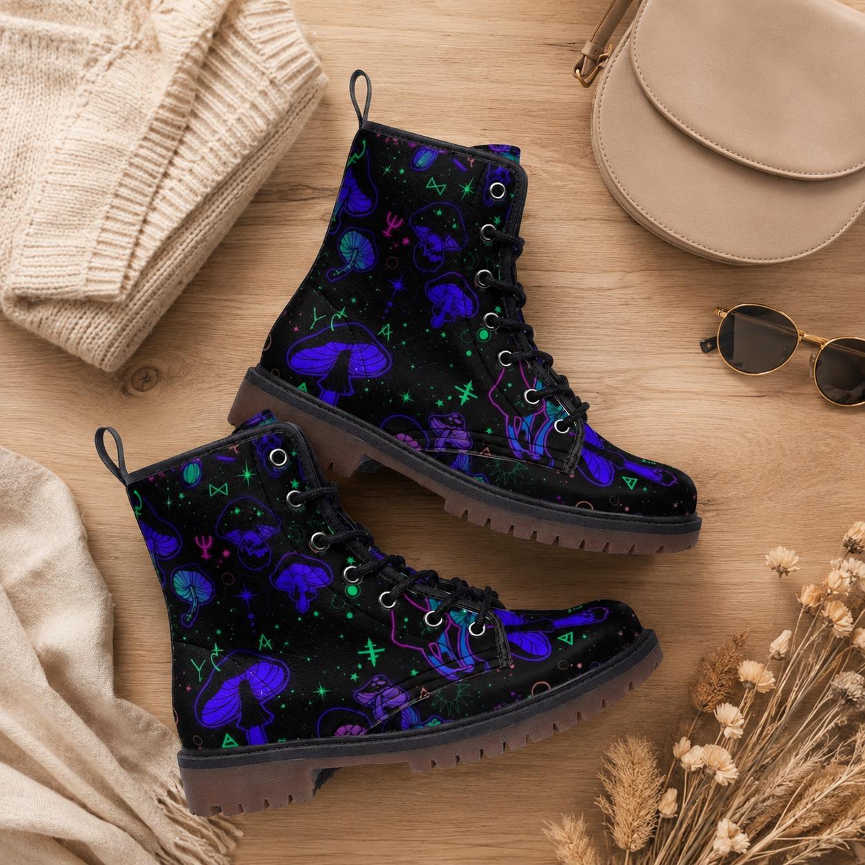 Cosmic Mushroom Combat Boots, Celestial Platform Shoes, Festival Footwear