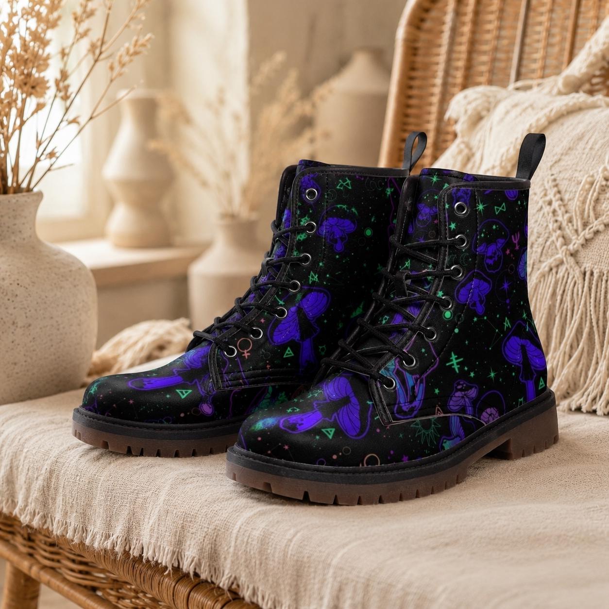 Cosmic Mushroom Combat Boots, Celestial Platform Shoes, Festival Footwear