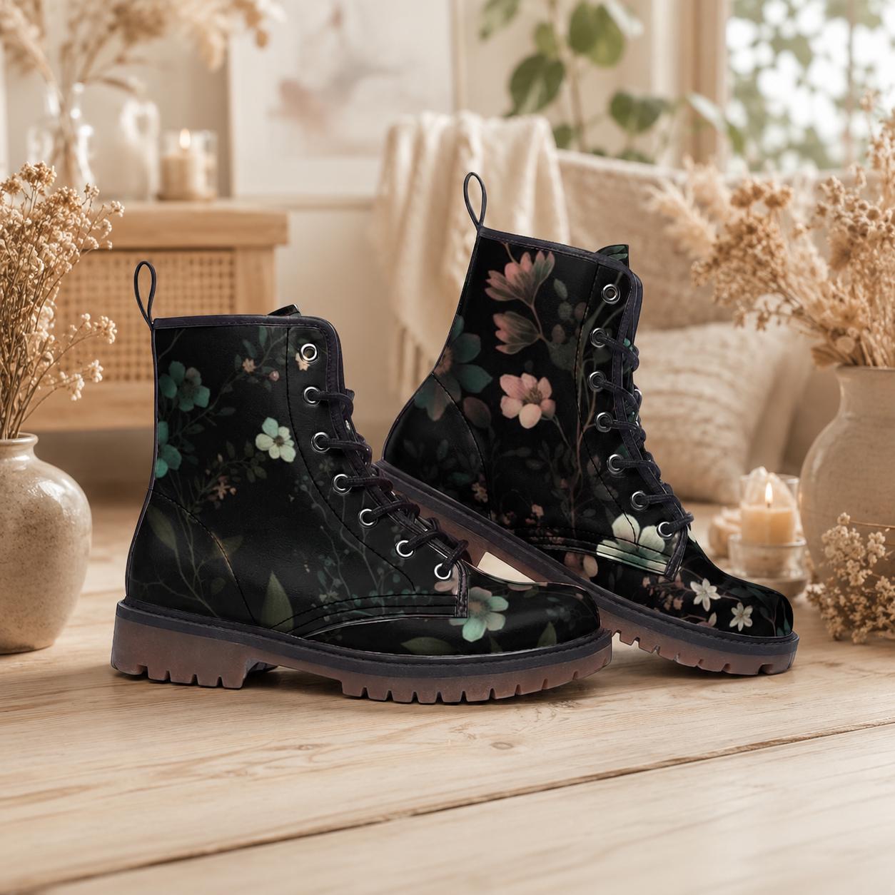 Dark Floral Combat Boots, Gothic Botanical Lace Up Shoes, Cottagecore Grunge Festival Boots
