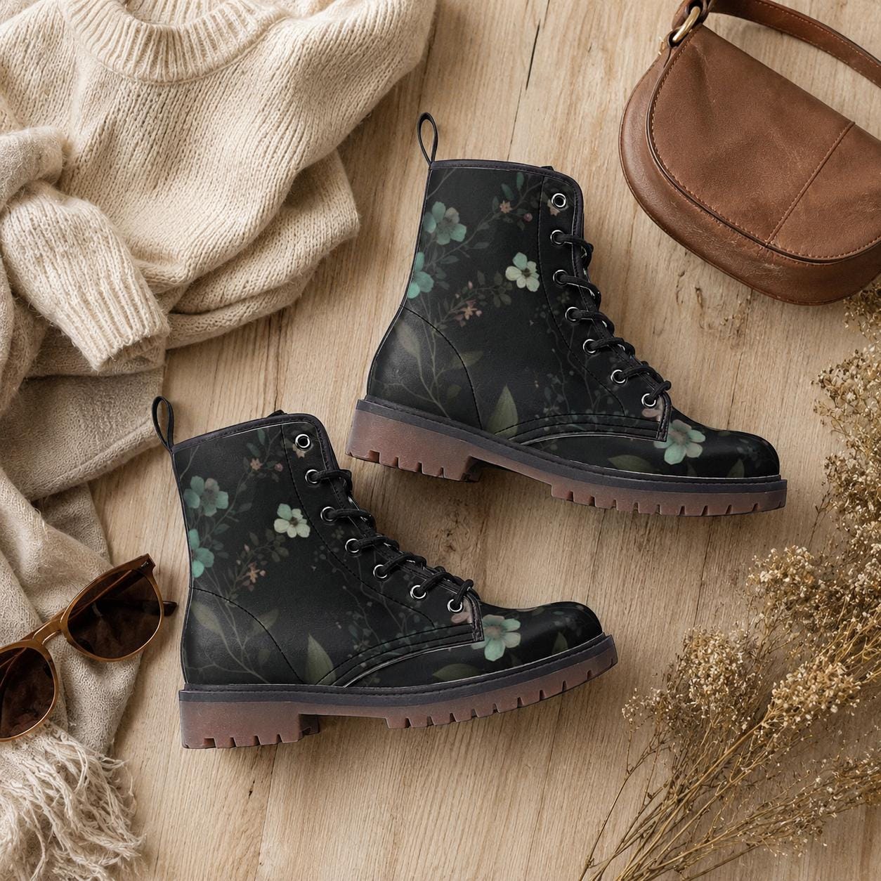 Dark Floral Combat Boots, Gothic Botanical Lace Up Shoes, Cottagecore Grunge Festival Boots