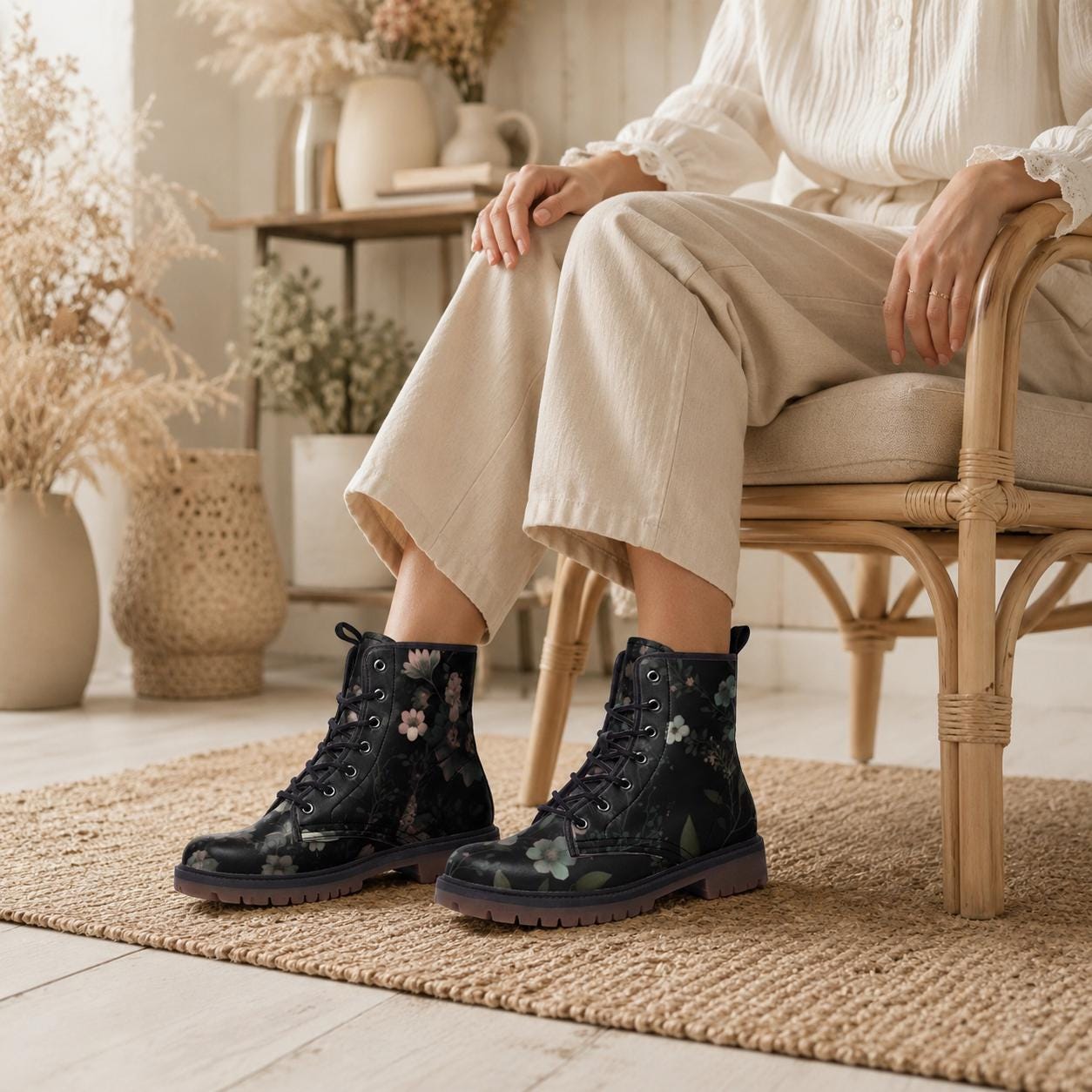 Dark Floral Combat Boots, Gothic Botanical Lace Up Shoes, Cottagecore Grunge Festival Boots