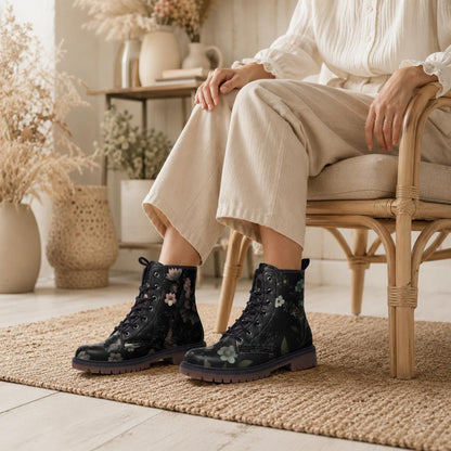 Dark Floral Combat Boots, Gothic Botanical Lace Up Shoes, Cottagecore Grunge Festival Boots