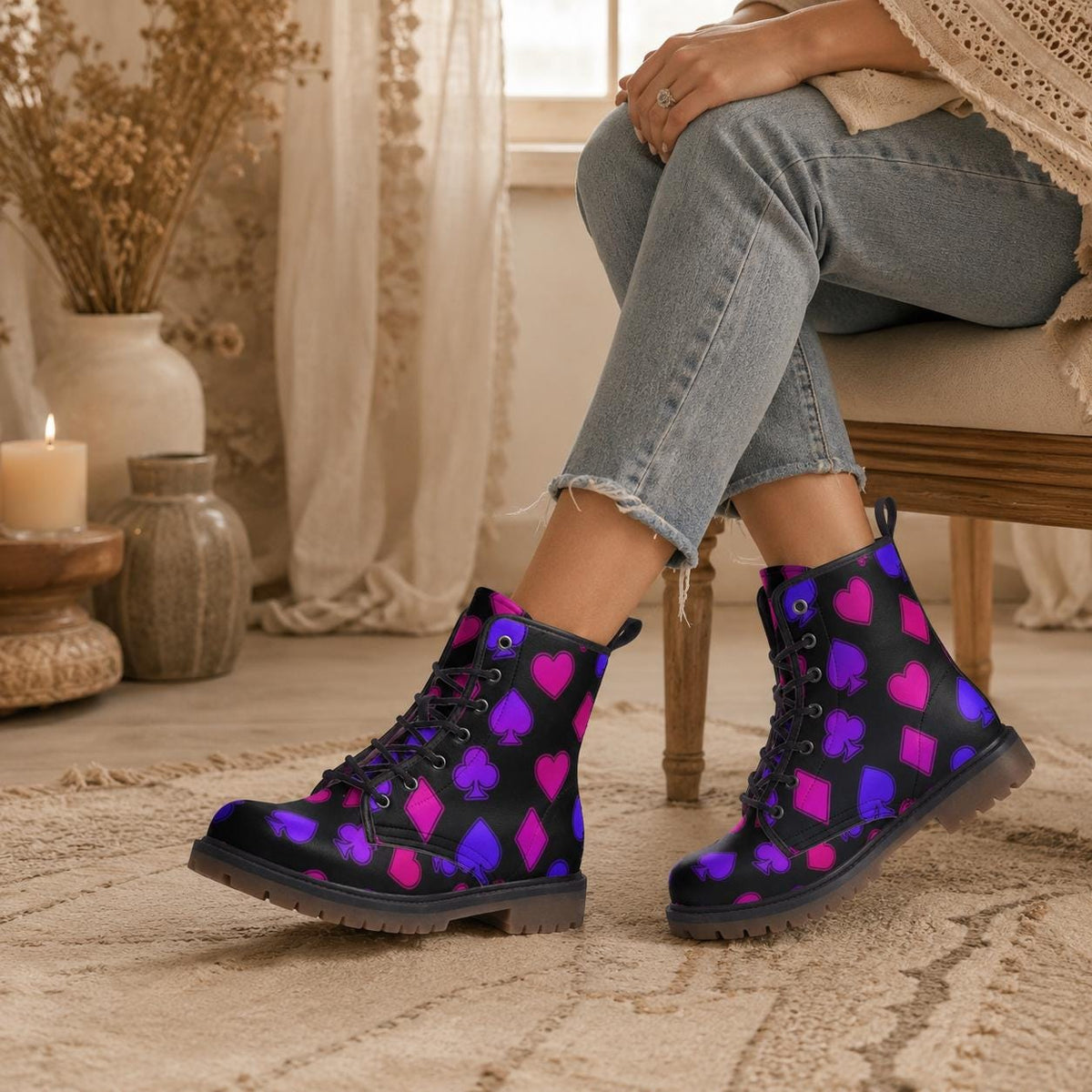 Neon Card Suit Print Combat Boots