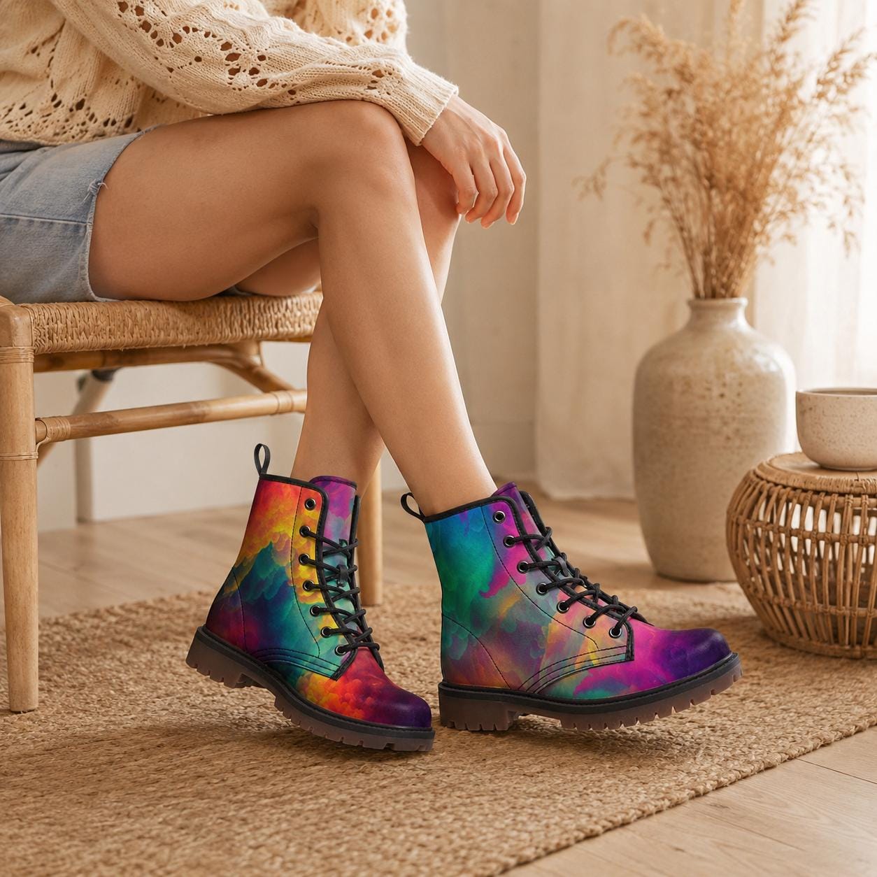 Pastel Rainbow Vegan Leather Combat Boots, Platform, Festival
