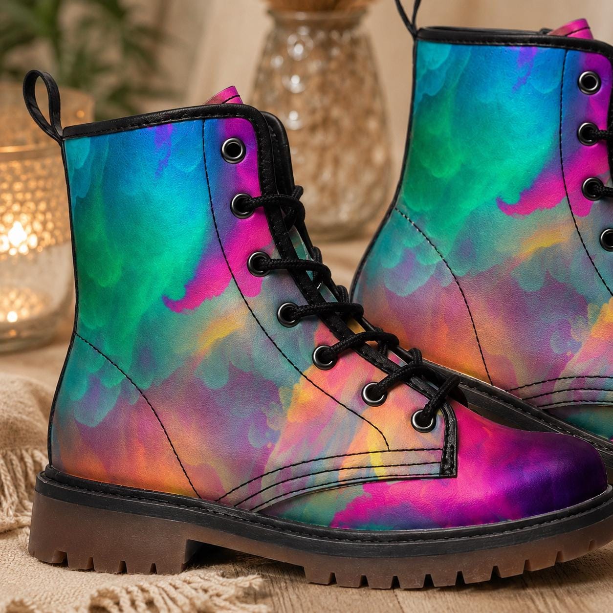 Pastel Rainbow Vegan Leather Combat Boots, Platform, Festival