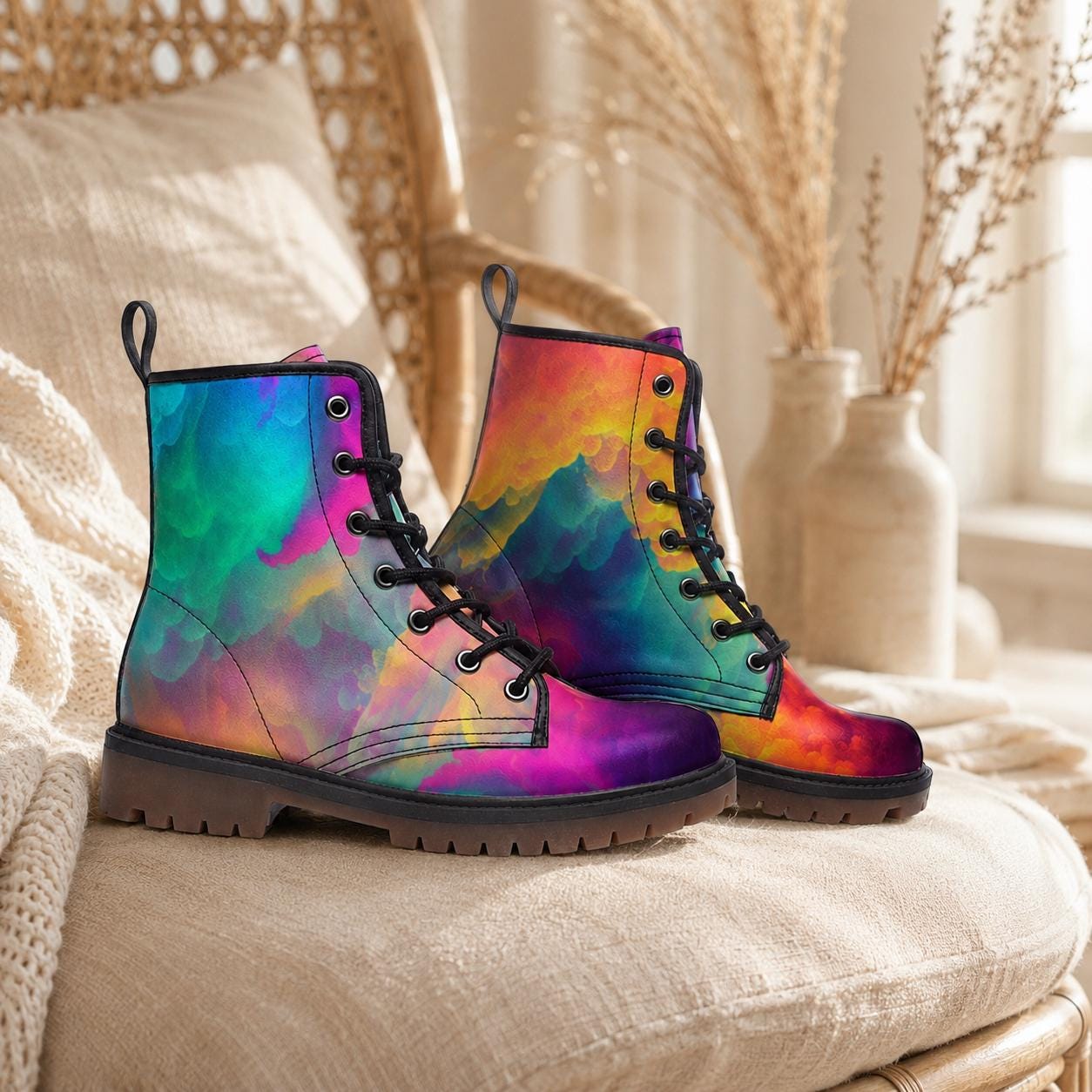 Pastel Rainbow Vegan Leather Combat Boots, Platform, Festival, Edgy, Unisex, Rave, Statement