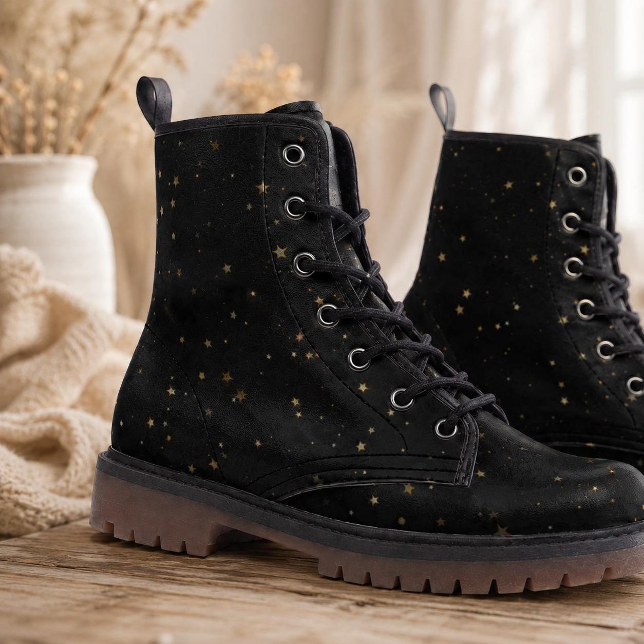 Black Celestial Combat Boots, Gold Star Vegan Boots, Festival Footwear