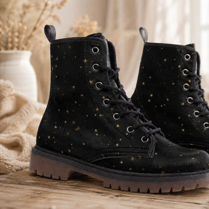 Black Celestial Combat Boots, Gold Star Vegan Boots, Festival Footwear