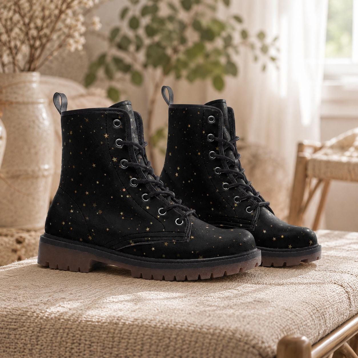 Black Celestial Combat Boots, Gold Star Vegan Boots, Festival Footwear