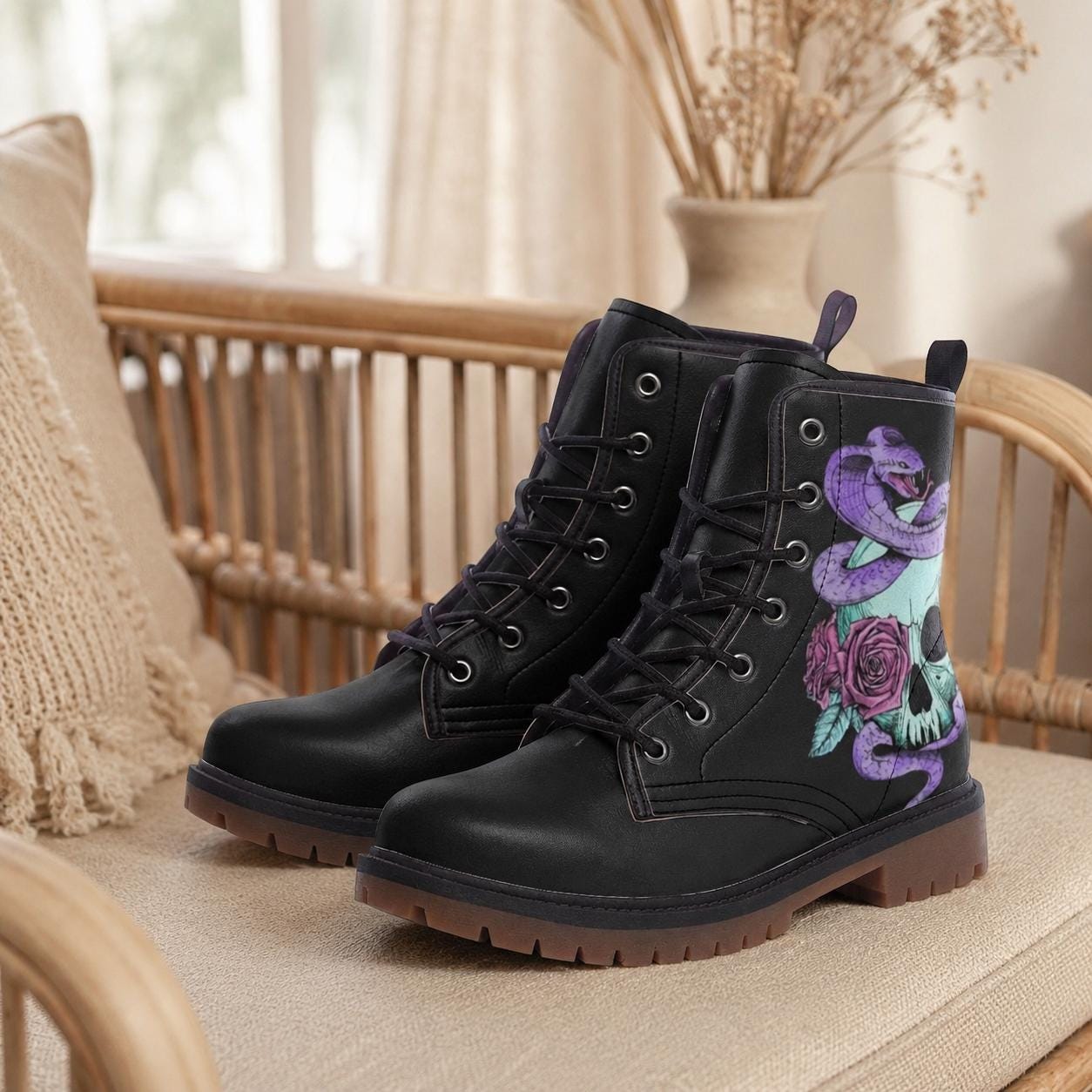 Pastel Goth Skull Snake Vegan Combat Boots, Celestial Witchy Festival Footwear