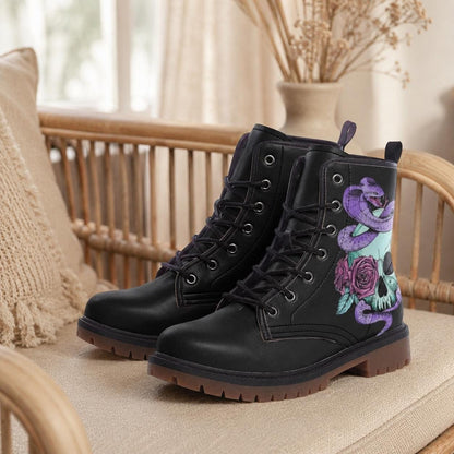 Pastel Goth Skull Snake Vegan Combat Boots, Celestial Witchy Festival Footwear
