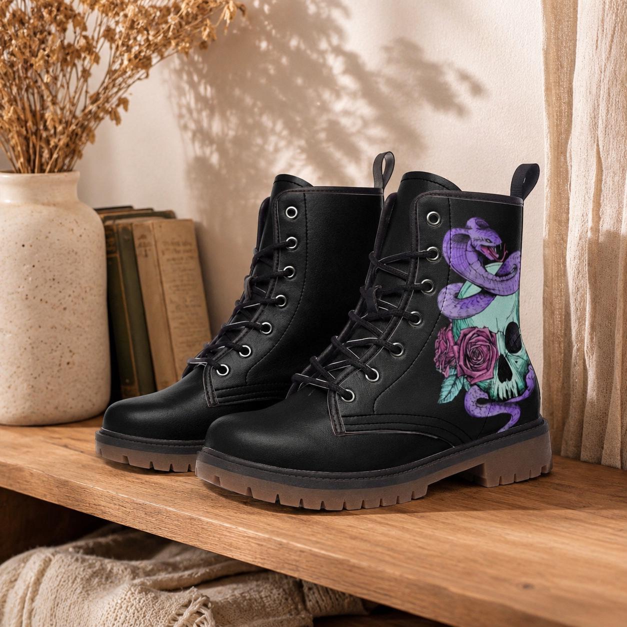 Pastel Goth Skull Snake Vegan Combat Boots, Celestial Witchy Festival Footwear