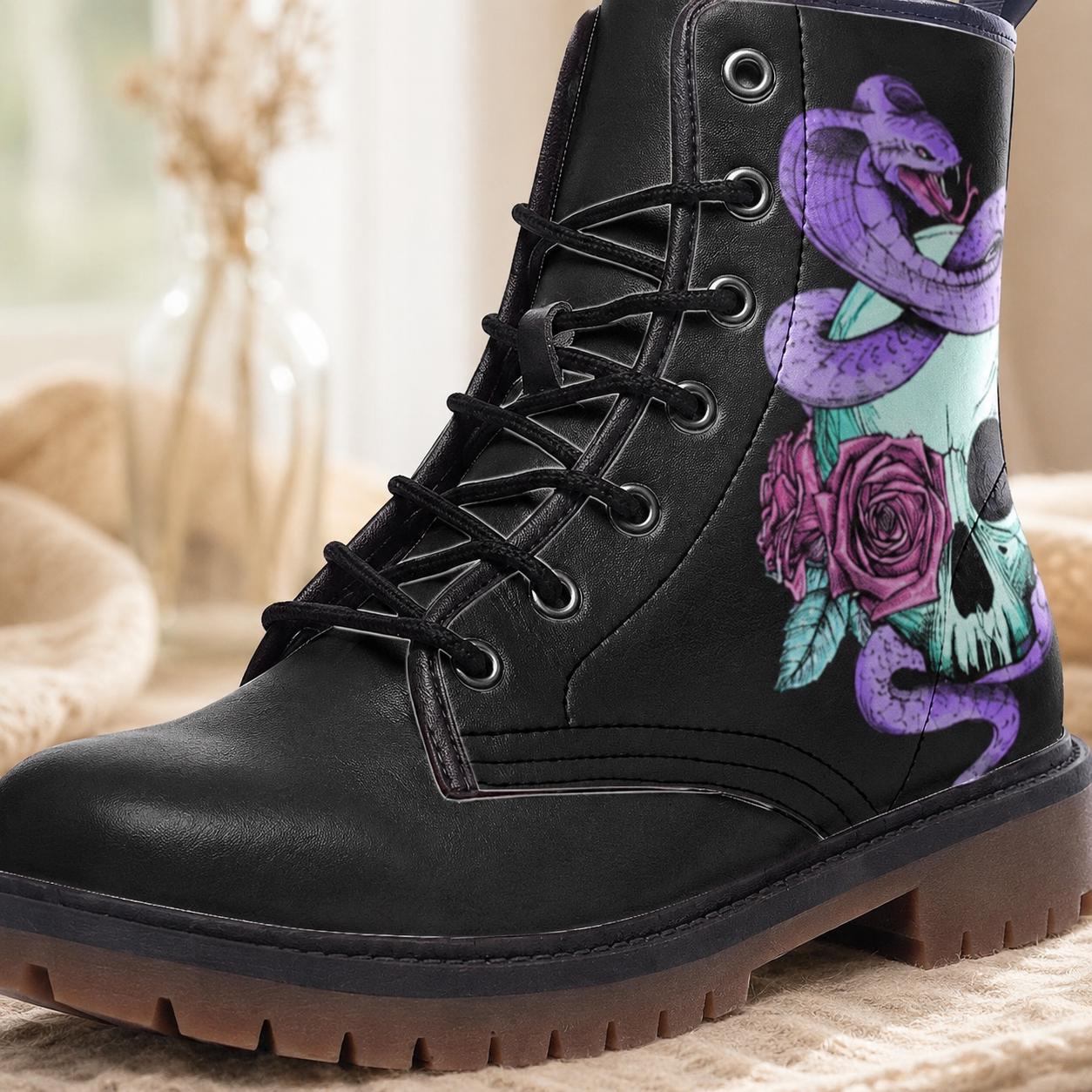 Pastel Goth Skull Snake Vegan Combat Boots, Celestial Witchy Festival Footwear