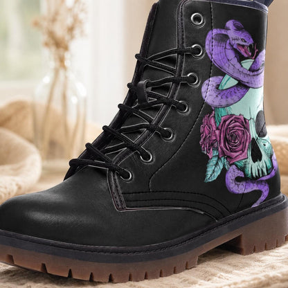 Pastel Goth Skull Snake Vegan Combat Boots, Celestial Witchy Festival Footwear