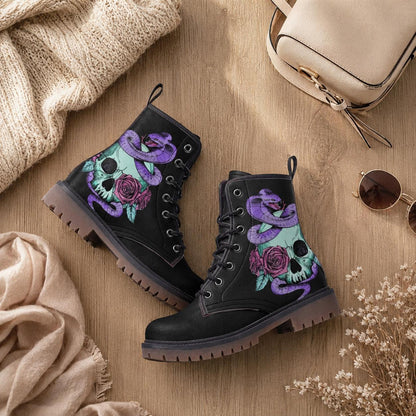 Pastel Goth Skull Snake Vegan Combat Boots, Celestial Witchy Festival Footwear