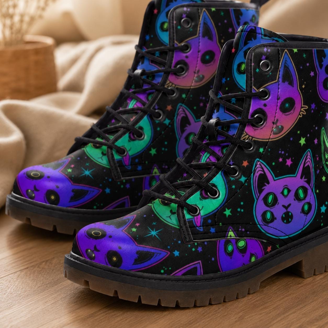 Cat Combat Boots, Neon Goth Lace Up Boots, Spooky Alt Platform Shoes
