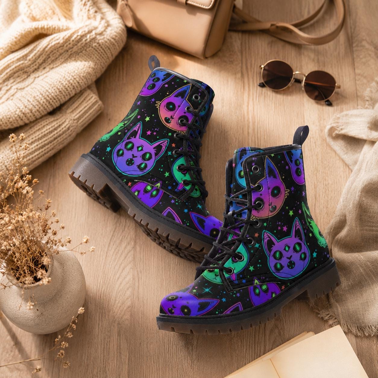 Cat Combat Boots, Neon Goth Lace Up Boots, Spooky Alt Platform Shoes