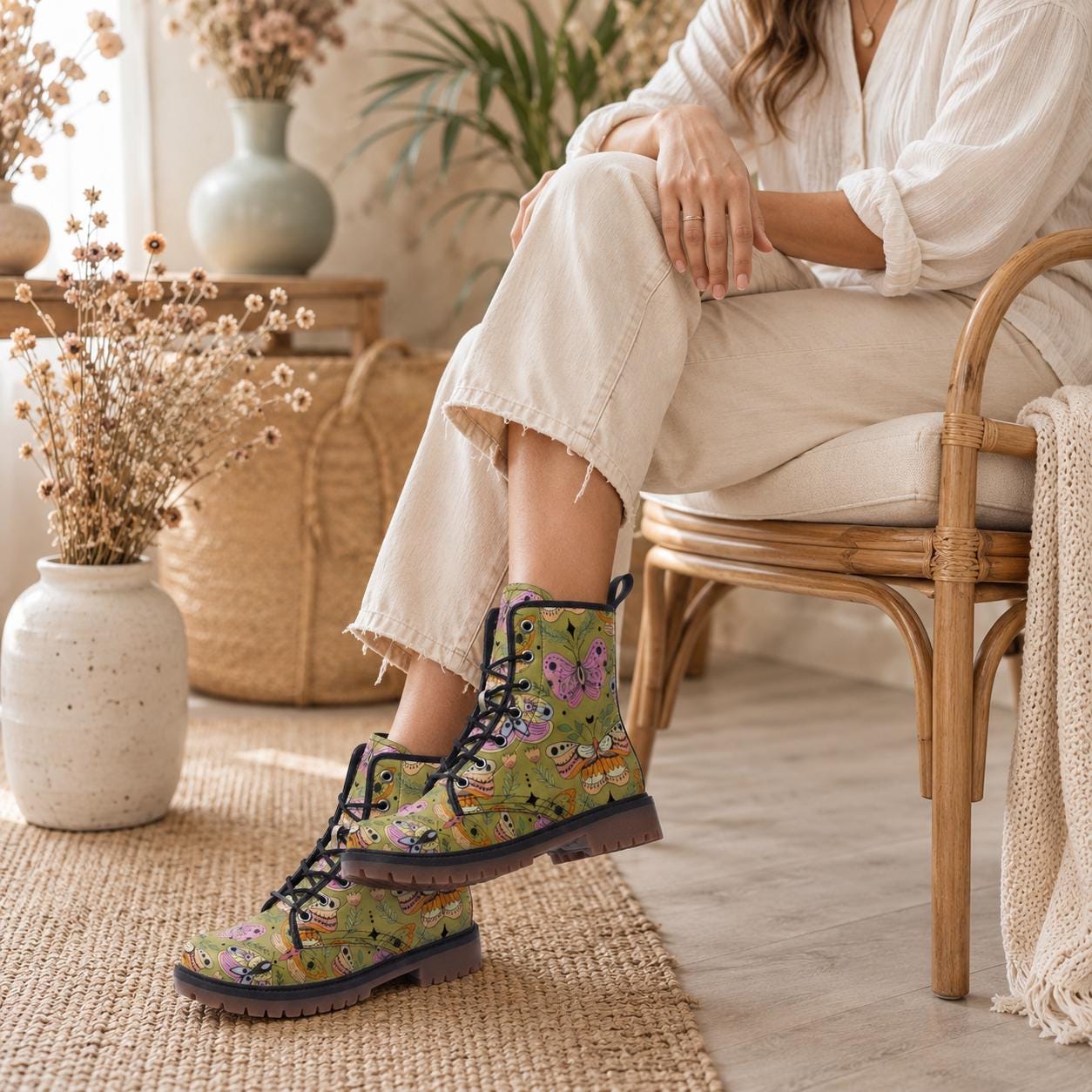 Butterfly Combat Boots, Pastel Moth Floral Shoes, Cottagecore Lace Up Ankle Boots
