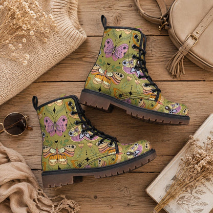 Butterfly Combat Boots, Pastel Moth Floral Shoes, Cottagecore Lace Up Ankle Boots