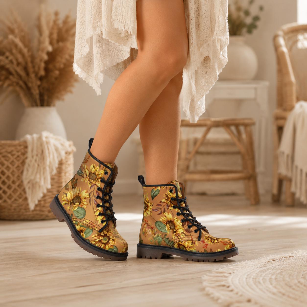 Sunflower Combat Boots for Fall, Rustic Boho Floral Lace Up Shoes