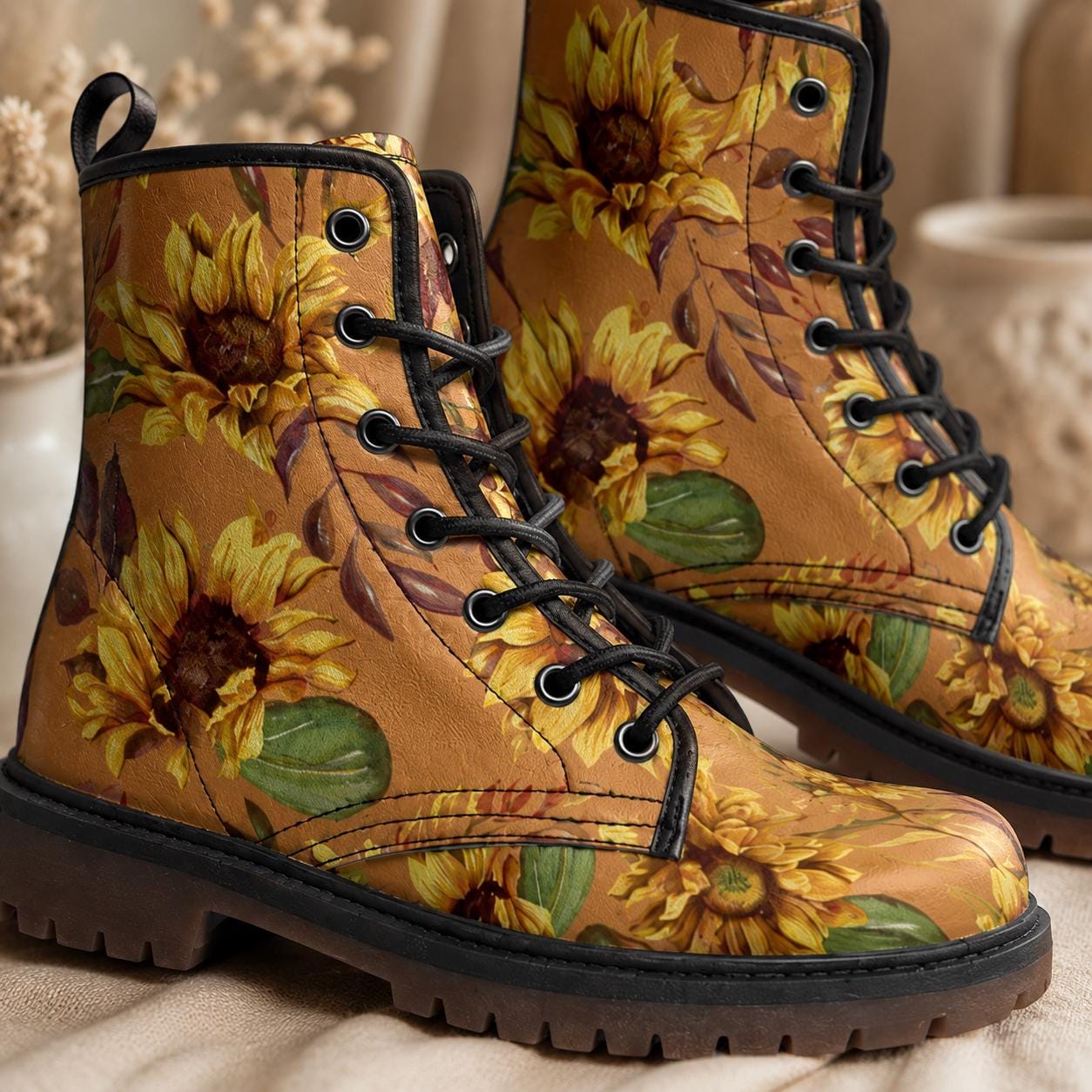 Sunflower Combat Boots for Fall, Rustic Boho Floral Lace Up Shoes