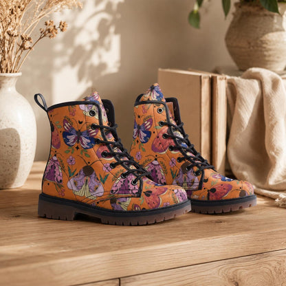 Luna Moth Combat Boots, Peach Witchy Ankle Boots, Pastel Goth Nature Shoes