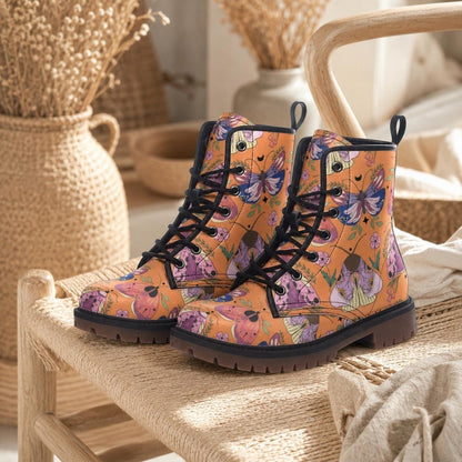 Luna Moth Combat Boots, Peach Witchy Ankle Boots, Pastel Goth Nature Shoes