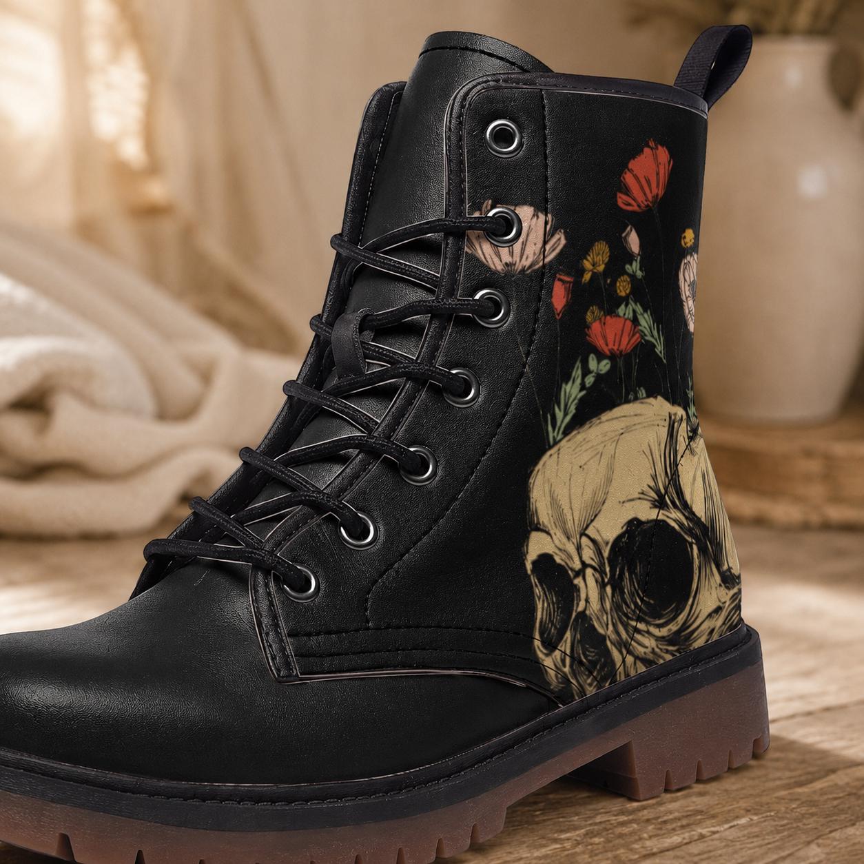 Floral Skull Combat Boots, Occult Rose Footwear, Gothic Witchy Alternative Style