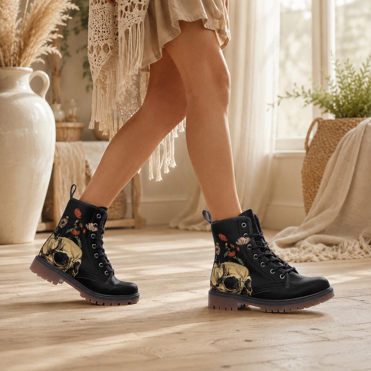 Floral Skull Combat Boots, Occult Rose Footwear, Gothic Witchy Alternative Style