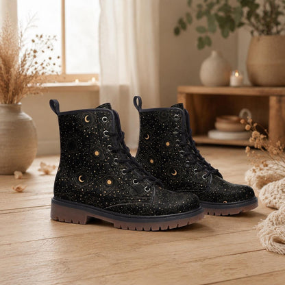 Celestial Moon Combat Boots, Witchy Starry Night Shoes, Occult Fashion