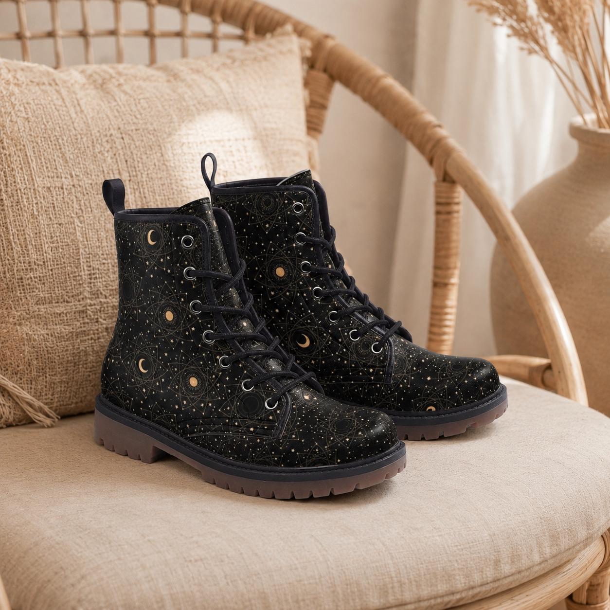 Celestial Moon Combat Boots, Witchy Starry Night Shoes, Occult Fashion