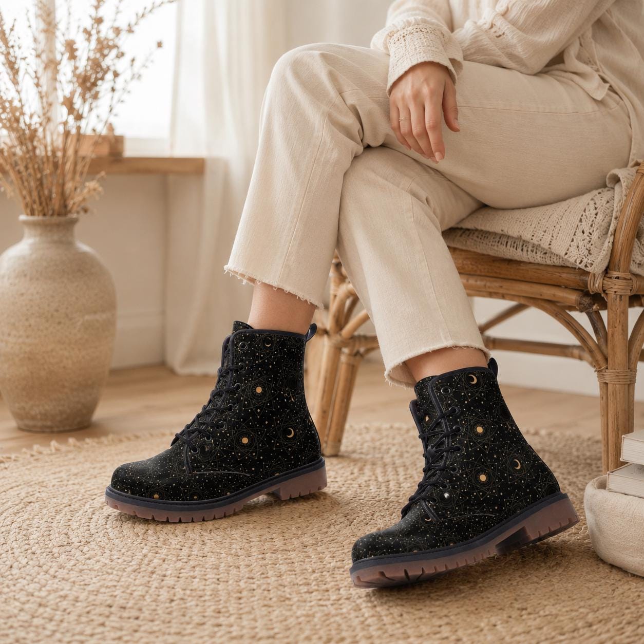 Celestial Moon Combat Boots, Witchy Starry Night Shoes, Occult Fashion
