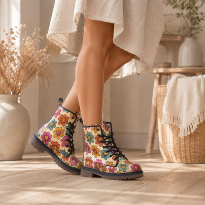 Vegan Combat Boots with Flower Pattern, Festival, Hippie