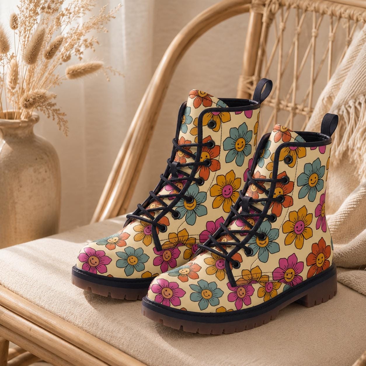 Vegan Combat Boots with Flower Pattern, Festival, Hippie