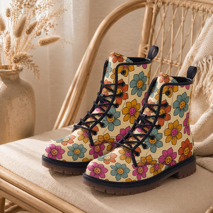 Vegan Combat Boots with Flower Pattern, Festival, Hippie